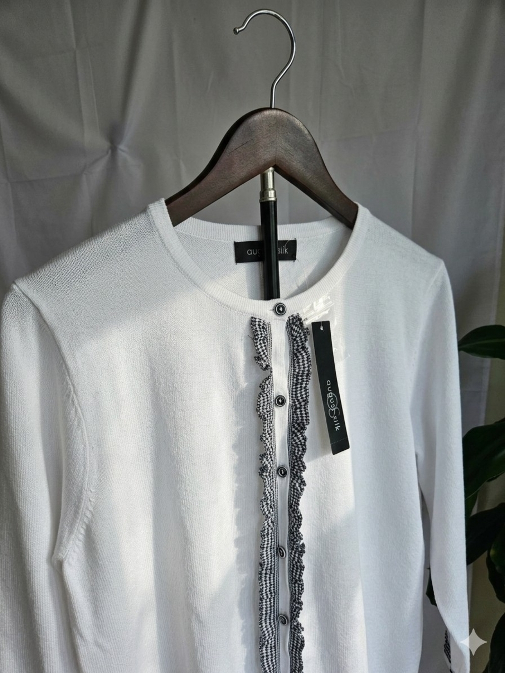 august silk White Cardigan with Black Trim